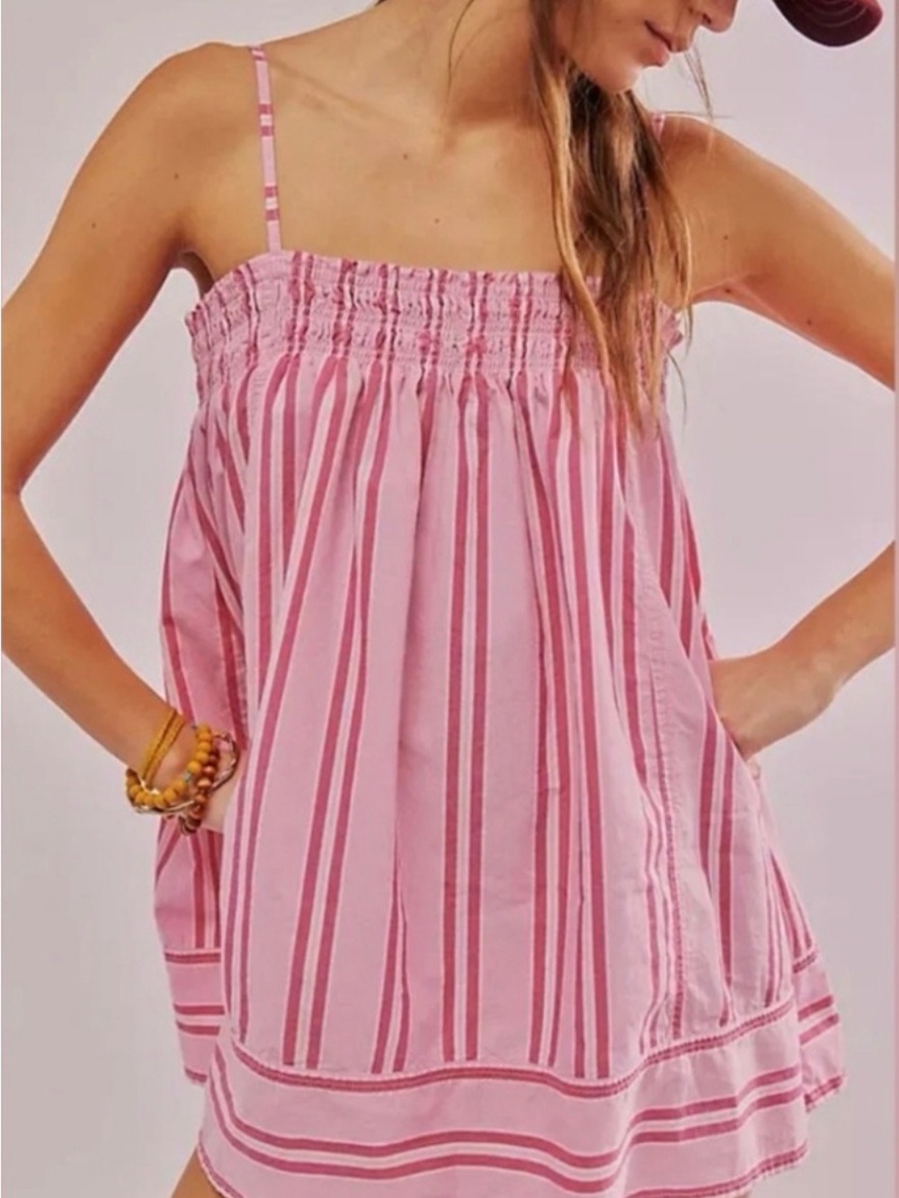 NWT We The Free Pink Striped Smocked Top